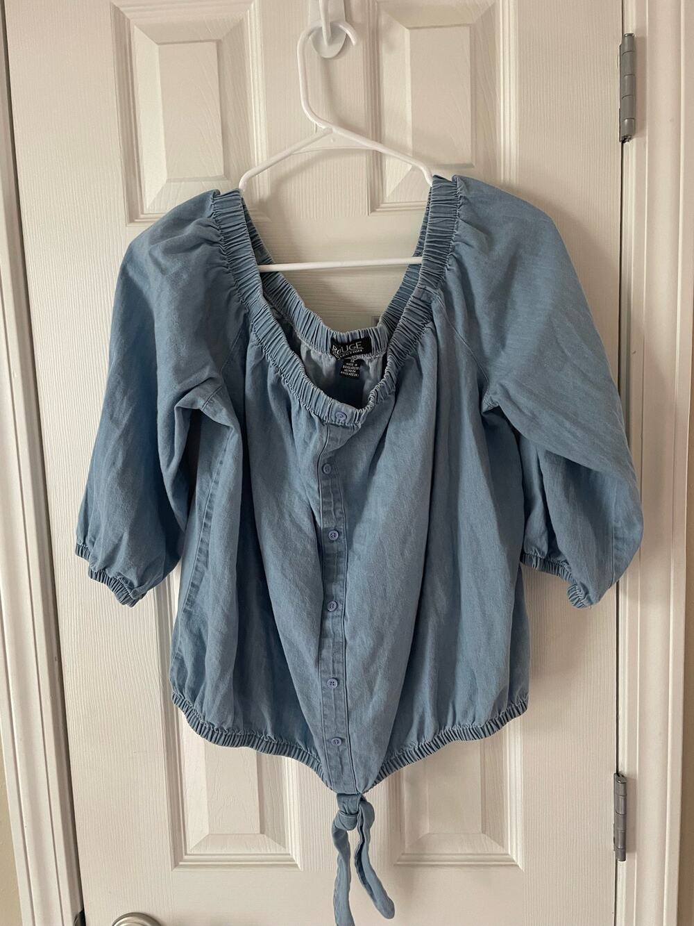 NWOT Rouge Collection, 1X,  Denim Chambray 3/4 Sleeve Off Shoulder Blouse, B50